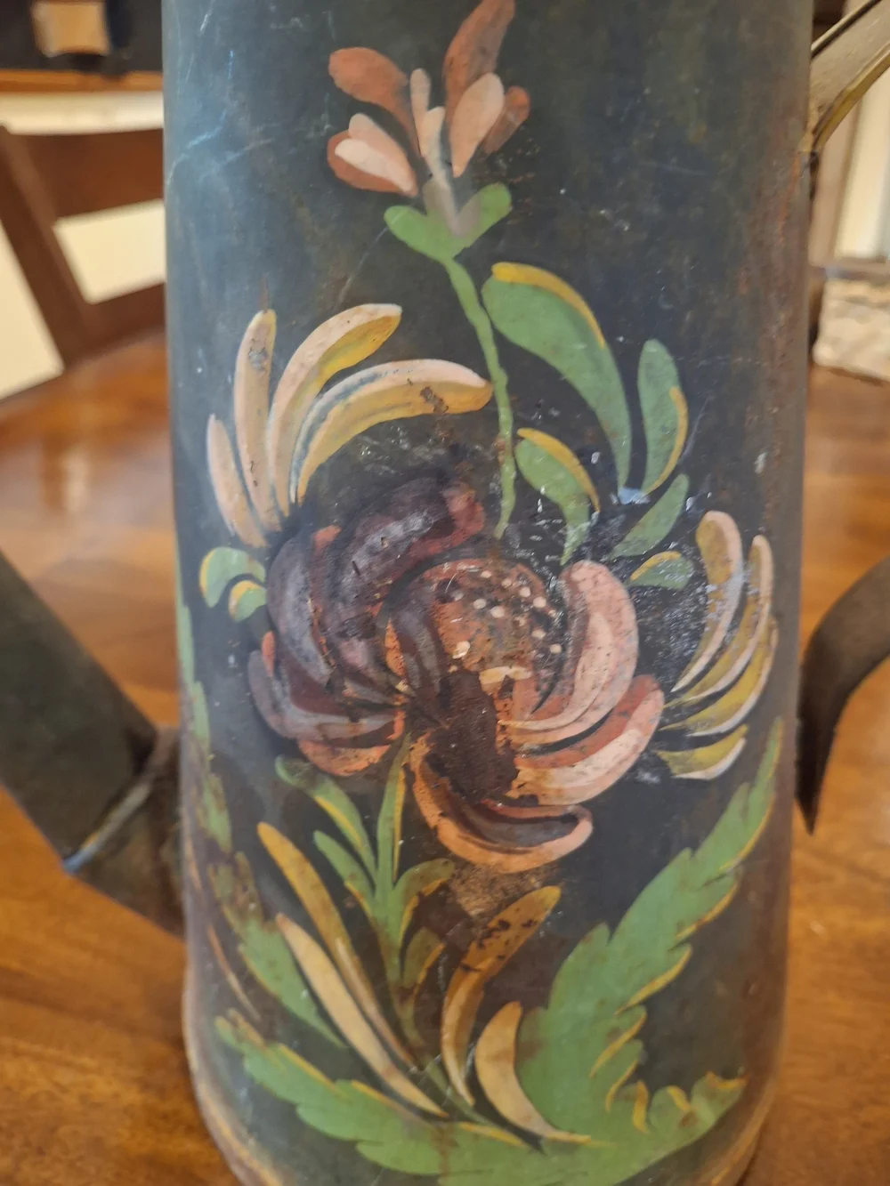 Vintage Hand-Painted Metal Watering Can - Green Floral Home Art